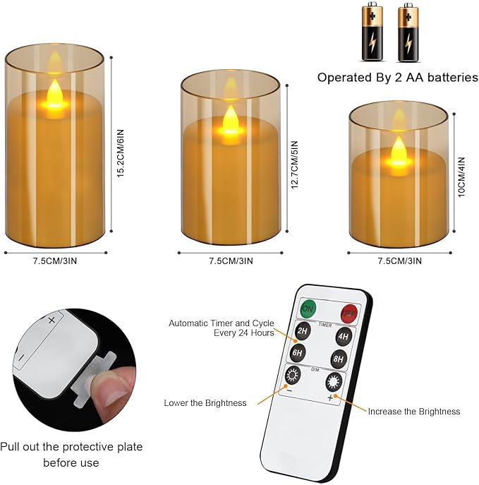 Flameless Candles 4" 5" 6" Set of 3 Acrylic Glass Pillars 3" Diameter Battery Operated Flickering Candles Include 10-Key Remote with Timer Function 400+ Hours (Amber, Warm Light 9 Pack)