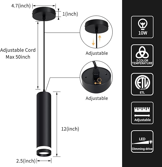 OKELI Modern Pendant Lights, Black LED Pendant Lights Fixtures,3 Color Pendant Lighting for Kitchen Island, Bar,12W,3000K-6000K,ETL(1pack)