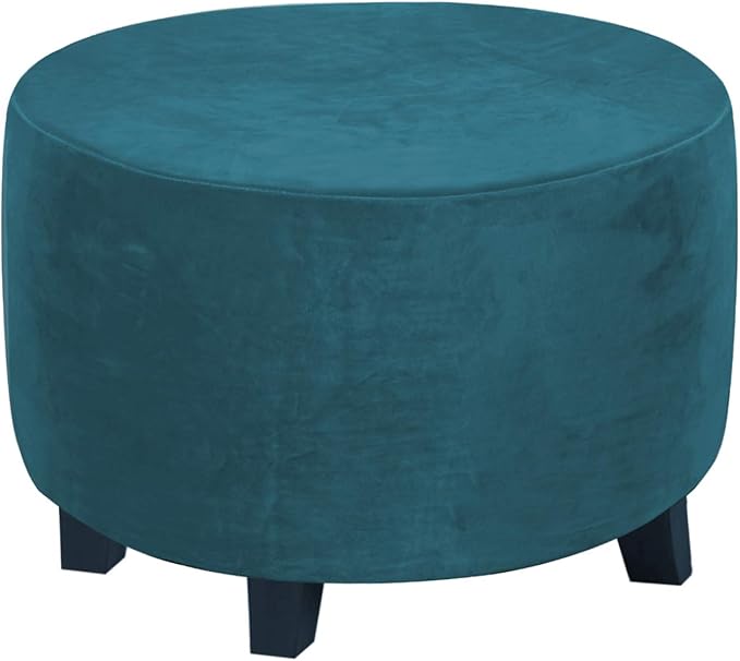 H.VERSAILTEX Round Ottoman Slipcover Ottoman Covers Slipcover Footstool Protector Covers Storage Stool Ottoman Covers Stretch with Elastic Bottom, Feature Real Velvet Plush Fabric (Medium, Deep Teal)
