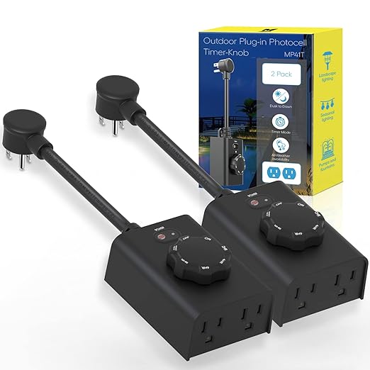 Minoston Outdoor Timer 2 Pack, Dusk to Dawn Outlet With 2 Grounded Outlets, 2-8 Hour Settings for Halloween Christmas Lights, ETL Listed (MP41T)