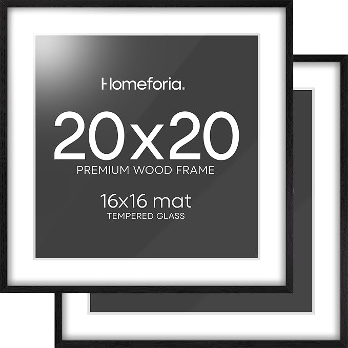 Homeforia 20x20 Black Wood Frame, High End Oak 20 x 20 Square Picture Frames with Mat 16 by 16 inches Photo, 20by20 Black Wooden Poster Frames Matted to 16x16 Print, Tempered Glass, Wall Kit, Set of 2