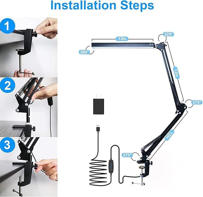 LED Desk Lamp for Home,Office,Reading,Adjustable Eye-Caring Desk Light with Clamp,Swing Arm Lamp Includes 3 Color Modes,10 Brightness Levels Table Lamps with Memory Function