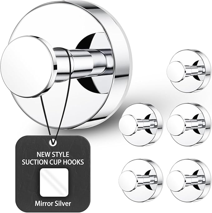 BKV Suction Cup Hooks for Glass Window,Removable Shower Hooks for Inside Shower,Metal Towel Hooks for Bathrooms,6 Pack(Mirror)
