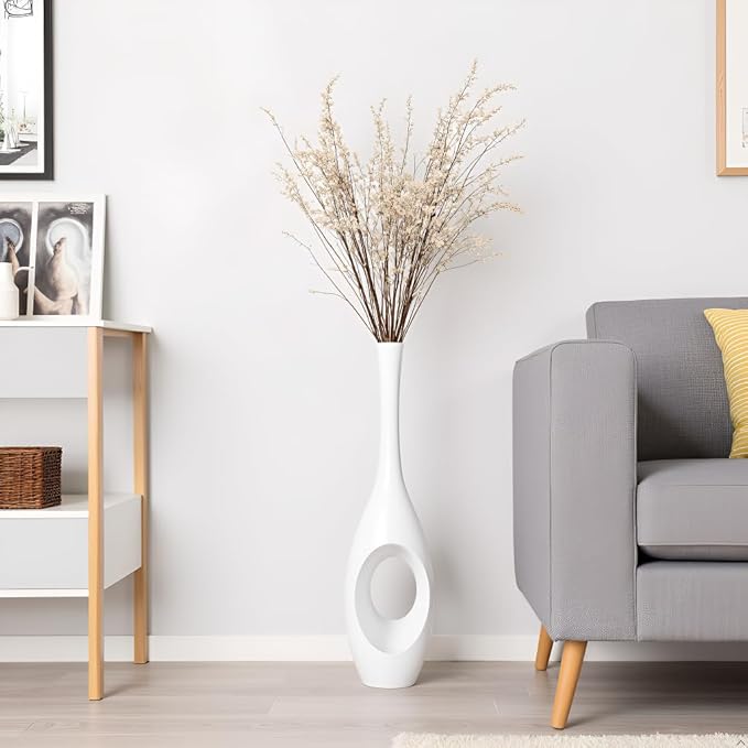 23.6" White Tall Floor Vase – Donut-Shaped Oval Body with Slim 3cm Neck, Modern Tall Decorative Vases for Living Room, Entryway, Office Decor – Resin Floor Vase
