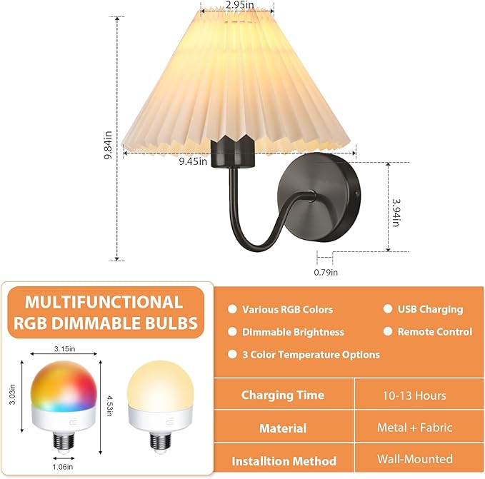 Battery Operated Wall Sconce Set of 2, Wireless Wall Sconces, Pleated Shades Rechargeable Wall Lights with Remote Control, Dimmable 15 Colors & Magnetic Bulbs Home Decor for Bedroom Living Room Black