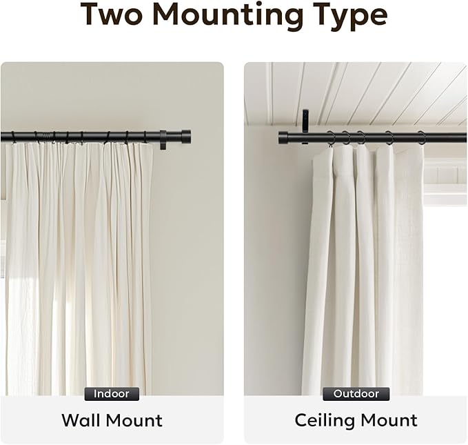 Zeerobee Curtain Rods for Windows 32 to 72, Black Curtain Rod, Adjustable 1 Inch Heavy Duty Outdoor/Indoor Modern Drapery Pole, 32"-72"