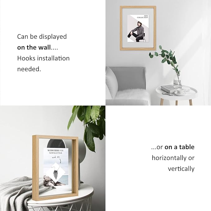 MUYE 8x10 Floating Frame Set of 2,Double Glass Rustic Photo Frame for Wall Hanging or Tabletop Standing,Display Any Size Photo up to 8x10,Natural
