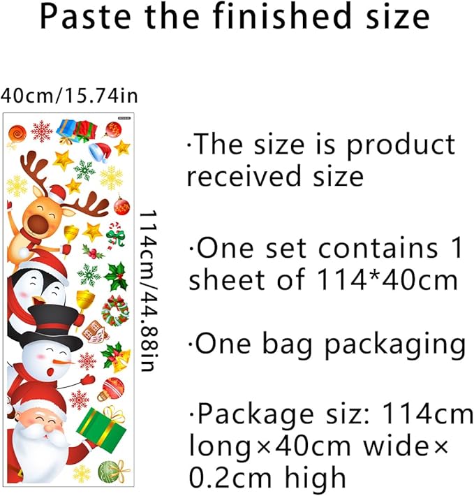44.9x15.7 Inch Large Christmas Door Stickers Decor Removable Santa Snowman Snowflake Door Decal for Living Room Kids Bedroom Decorations Winter Xmas Holiday Party Festival Gift