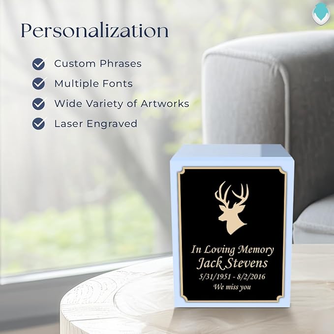 GetUrns Custom Deer Small Urn Box for Human Ashes I Personalized Wooden Keepsake Cremation Urn for Male or Female I Light Blue Memorial Box I 40lbs