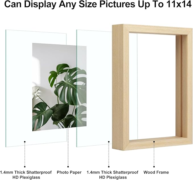 Egofine 11x14 Floating Frames Set of 2, Double Plexiglass Picture Frame, Made of Solid Wood Display Any Size Photo up to 11x14, Wall Mount or Tabletop Standing, Natural Wood