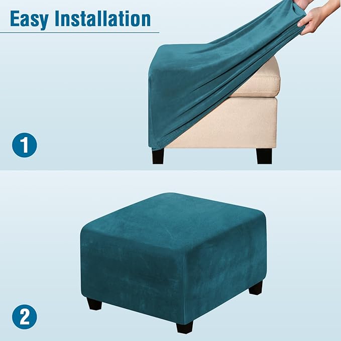 H.VERSAILTEX Square Ottoman Covers Ottoman Slipcover Square Footstool Protector Covers Storage Stool Ottoman Covers Stretch with Elastic Bottom, Feature Real Velvet Plush Fabric, Deep Teal