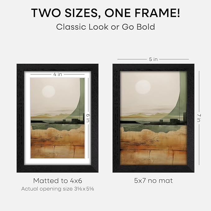 Homeforia 5x7 Picture Frame Black Wood, High End Oak 5by7 Black Wooden Frames with Mat 4x6 Print, 5 x 7 Frame Matted to 4 x 6 inch Photo, 7x5 Wall or Tabletop Frame, Tempered Glass, Wall Kit, Set of 2