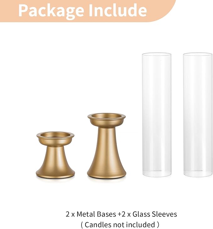NUPTIO Taper Candle Holders Gold: Set of 2 Candlestick Holder with Hurricane Glass Cover - Tall Metal Candles Stick Stand for Fall Thanksgiving Christmas Seasonal Fireplace Decor