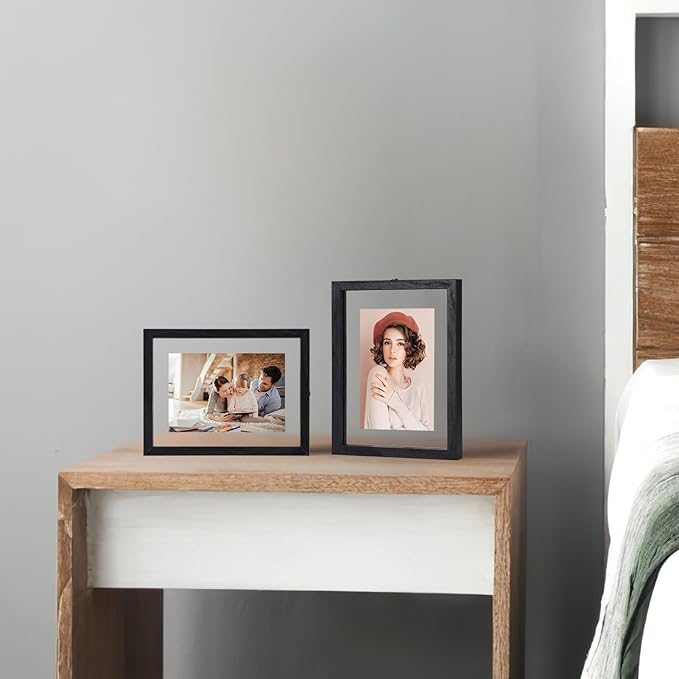 Trwcrt 4x6 Floating Picture Frames Set of 4, Double Glass Photo Frame Display up to 6 x 8 Photos for Desktop or Wall Hanging, Black