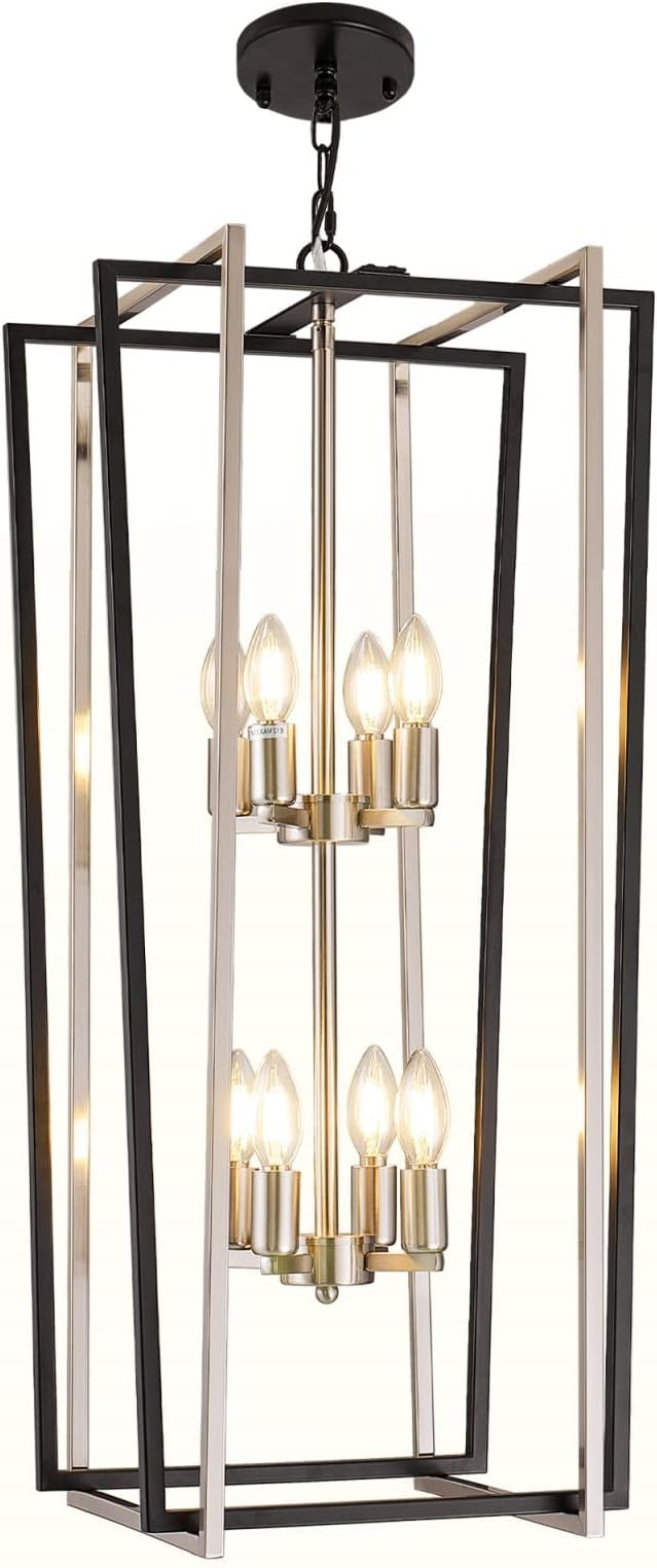 WJShome 8-Light Modern Chandelier, Farmhouse Foyer Lighting Fixtures, Chandeliers for High Ceilings, Black and Silver Lantern Pendant Light Fixtures, for Staircase, Entryway Hallway
