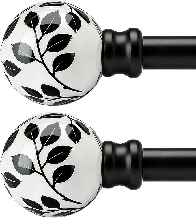 Ceramic Black Curtain Rods Set of 2 for Windows 72 to 144 Inches Adjustable Length Heavy Duty White Window Curtain Rod with Modern Leaf Pattern Decorative Finials for Bedroom Kitchen Living Room
