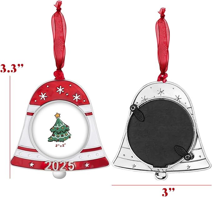 GUOER 2025 Christmas Tree Ornament Picture Frame Holiday Keepsake Gift Home Decor Christmas Decorations Xmas Gifts Pendant with 2” Photo Frame Insert (2025 Bell)