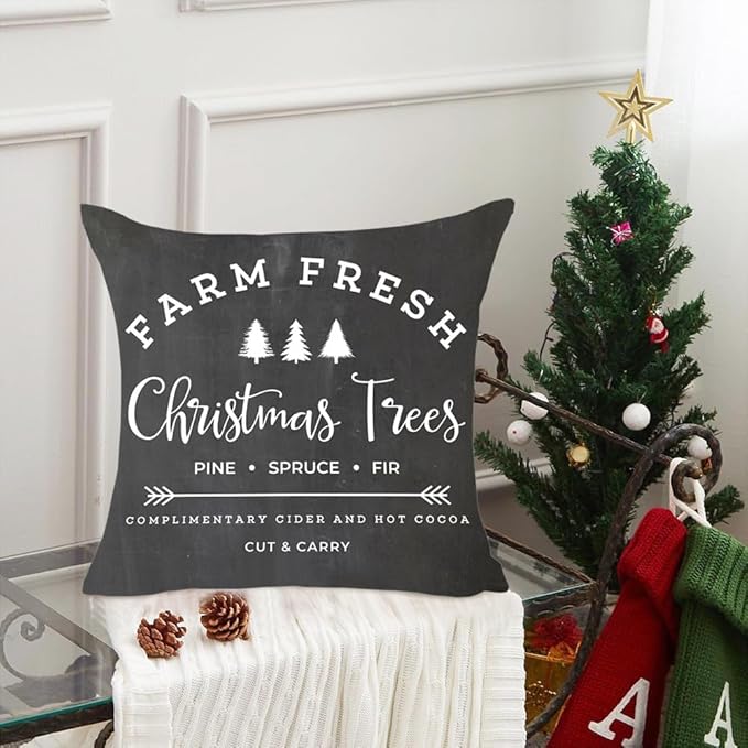 MFGNEH Farm Fresh Christmas Trees Throw Pillow Covers Christmas Decor Cushion Cover 18 x 18 Inch for Sofa,Black Christmas Pillows
