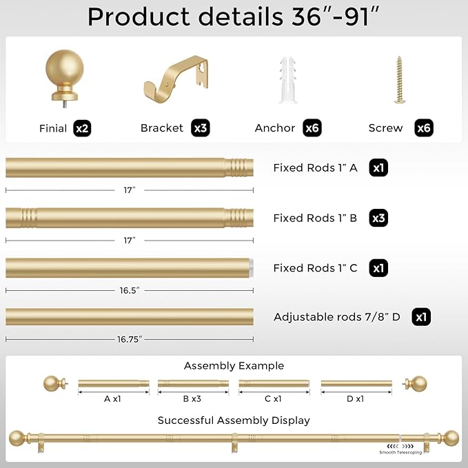 Gold Curtain Rod, 1 Inch Adjustable Heavy Duty Curtain Rods for Windows 48 to 84 Inch, Decorative Modern Window Treatment Rods, Telescopic Splicing Metal Drapery Pole, Easy Installation