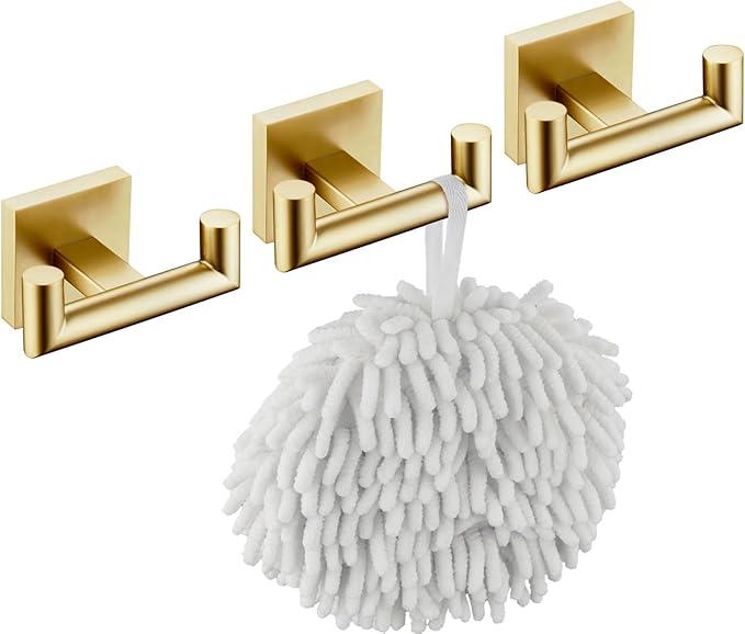 KOKOSIRI Robe Hooks Bathroom Double Towel Coat Hook for Bath Kitchen Wall Mounted, 3 Pack Brushed Gold Stainless Steel B1015BG-P3
