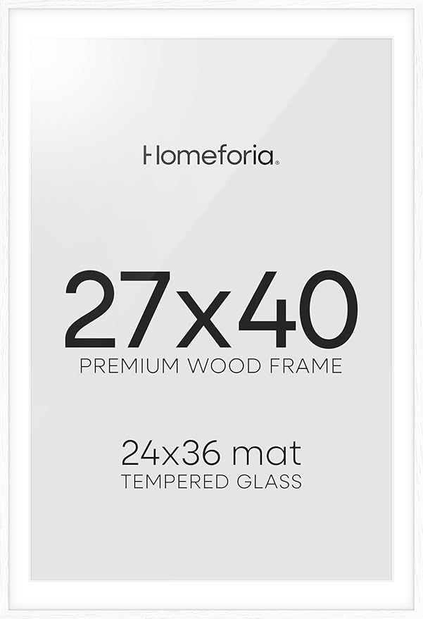 Homeforia White Poster Frame 27x40, High End Oak 27 x 40 Wood Picture Frame with Mat 24 by 36 for Photo, 27x40 Large Wooden Frame Matted to 24x36, 40x27 Thin Frames, Tempered Glass, Wall Kit, Set of 1