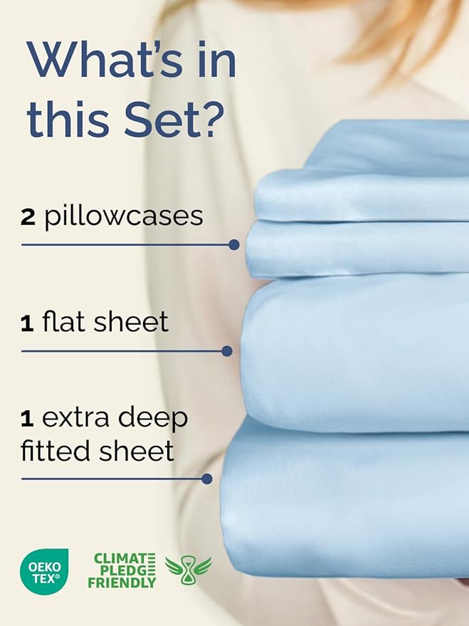 Extra Deep Twin XL Sheet Set - 4 Piece Breathable and Cooling Sheets - Hotel Luxury Bed Sheets Set - Easy Fit - Soft, Wrinkle Free and Comfy Sheets Set - Light Blue Sheet Set with Extra Deep Pockets