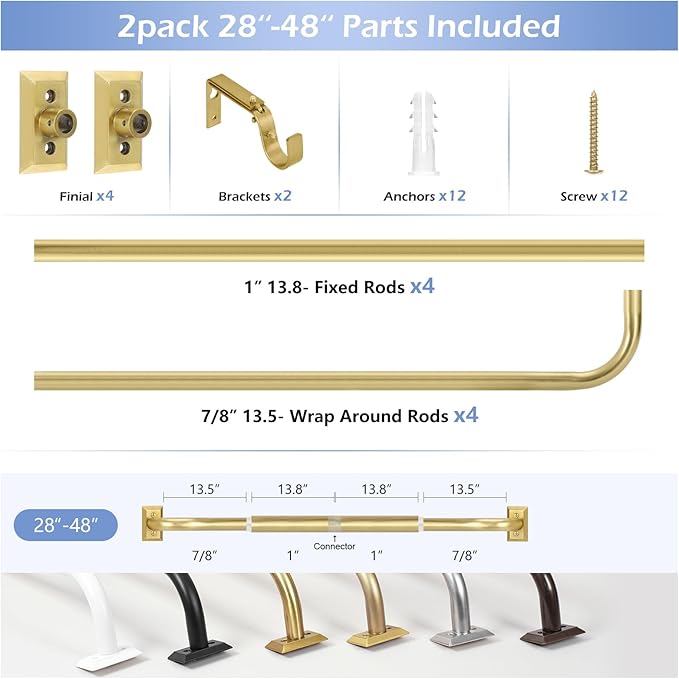 Gold Wrap Around Curtain Rods 2 Pack:Blackout Heavy Duty Adjustable Window Curtain Rod for Bedroom Kitchen,Modern Decorative Curved French Metal Drapery Rods Easy Install,Brushed Gold 28-48"