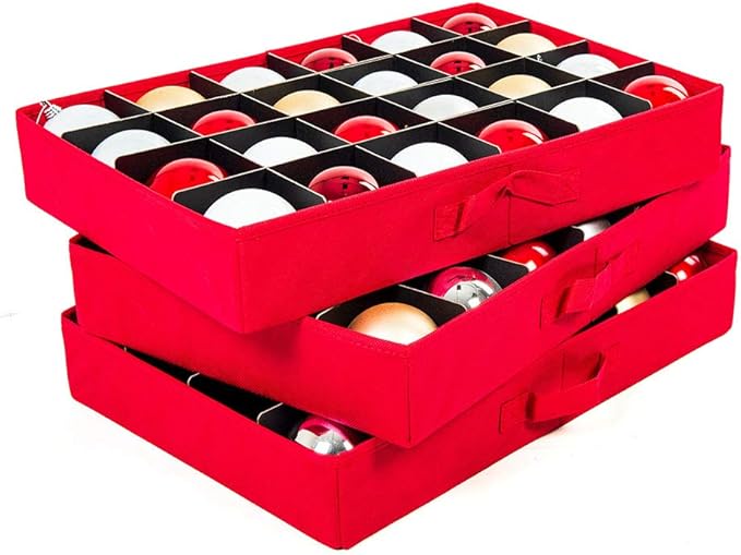 Santa's Bags [Christmas Ornament Storage Box with Dividers] - (Holds 72 Ornaments up to 3 Inches in Diameter) | Acid-Free Removable Trays with Separators | 3 Removable Drawer Style Trays