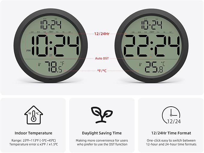 Digital Wall Clock with Date, Indoor Temperature, Auto-DST, Battery-Operated Digital Clock, 8 Inch Small Decorative Wall Clock for Bedroom, Living Room, Home, Kitchen, Office, Modern, Electric, Simple