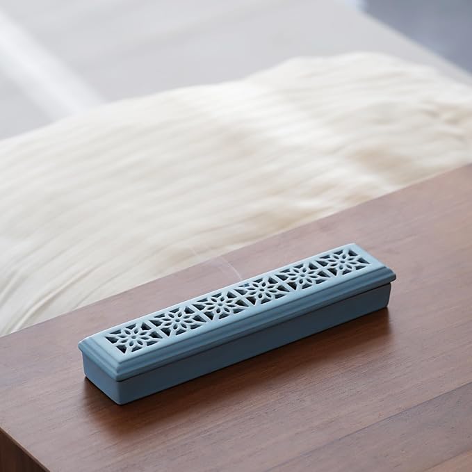 CEREMONY Incense Holder,Ceramic Incense Holder for Sticks with Ash Catcher,Coffin Style Incense Box,Incense Burner for Meditation Yoga Spa Room Decor(Blue)