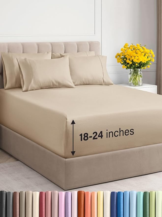 Extra Deep Full Sheet Set - 6 Piece Breathable and Cooling Sheets - Hotel Luxury Bed Sheets Set - Easy & Secure Fit - Soft, Wrinkle Free and Comfy Sheets Set - Cream Sheet Set with Extra Deep Pockets