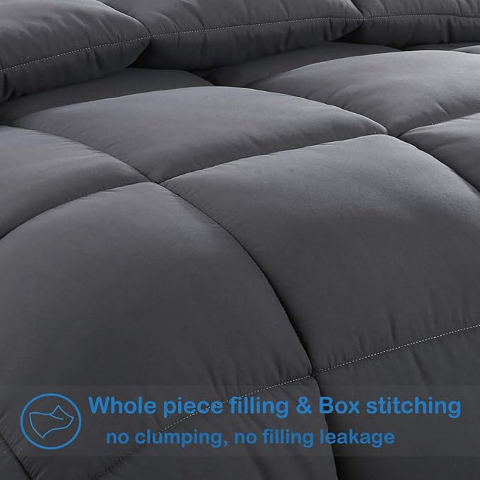 EASELAND Oversized Queen Down Alternative Comforter - Quilted Duvet Insert for All Seasons, Soft Lightweight with Corner Tabs, Summer Winter Warm Bedding, Dark Grey 98×98 Inches