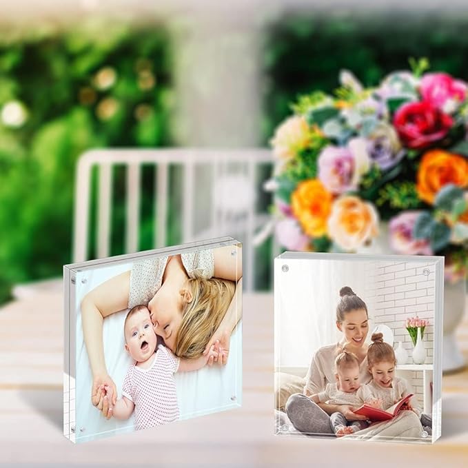 ILYXY 5 Pack Acrylic Frame 5x5, 20% Thicker, 20mm Thick Frameless Clear Picture Frame, Double Sided Magnetic Photo Frame, Free Standing Desktop Display Stand Acrylic Picture Frames