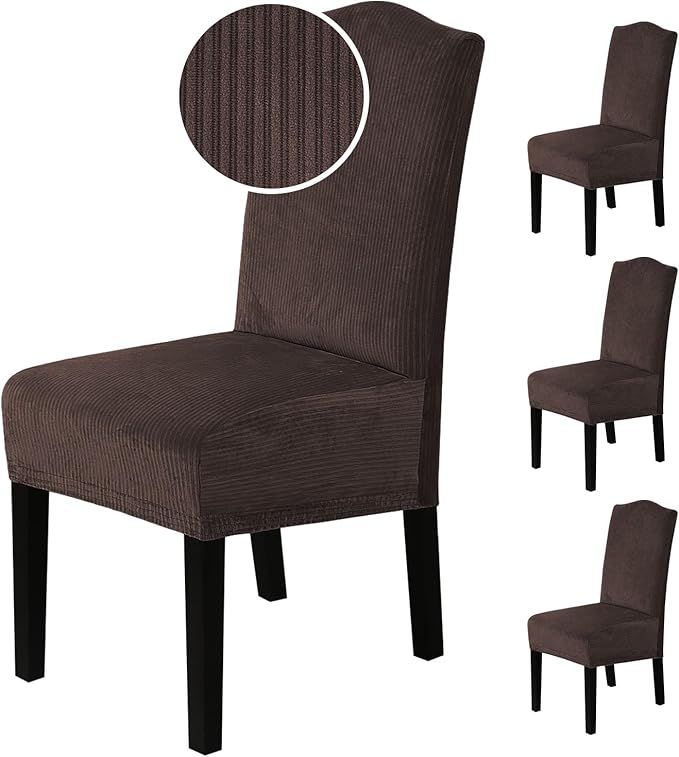 H.VERSAILTEX Velvet Dining Chair Covers Stretch Chair Covers for Dining Room Set of 4 Parson Chair Slipcovers Chair Protectors Covers Dining, Soft Thick Solid Velvet Fabric Washable, Brown Striped
