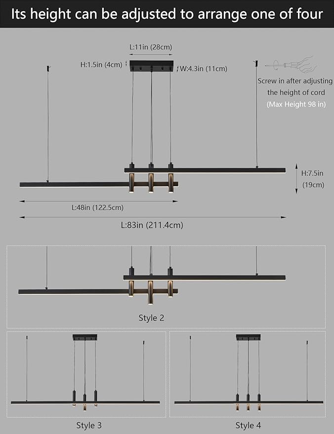 83" Modern Black Linear Pendant Lights Kitchen Island Lighting Minimalist Led Chandeliers Pool Table Light Dimmable Ceiling Hanging Light Fixture Dining Room with Remote Control