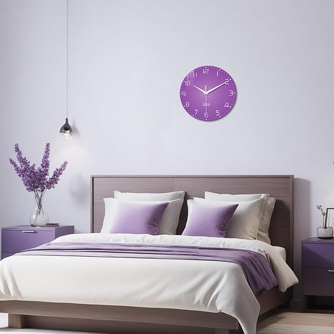 XNM Purple Wall Clock for Girls Bedroom Analog Simple Wall Clocks Battery Operated 12 Inch Round Silent Wall Clock Small