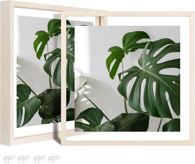 Egofine 12x12 Floating Frames Set of 2, Double Plexiglass Picture Frame, Made of Solid Wood Display Any Size Photos up to 12x12, Wall Mount or Tabletop Standing, Beige