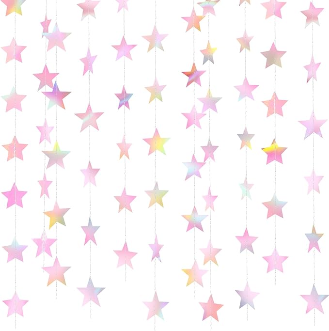 Patelai Glitter Star Garland Banner 2026 New Years Decor 130 Feet Star Hanging Banner Twinkle Backdrop for Birthday Classroom Wedding Christmas Party Supplies(Iridescent Pink)