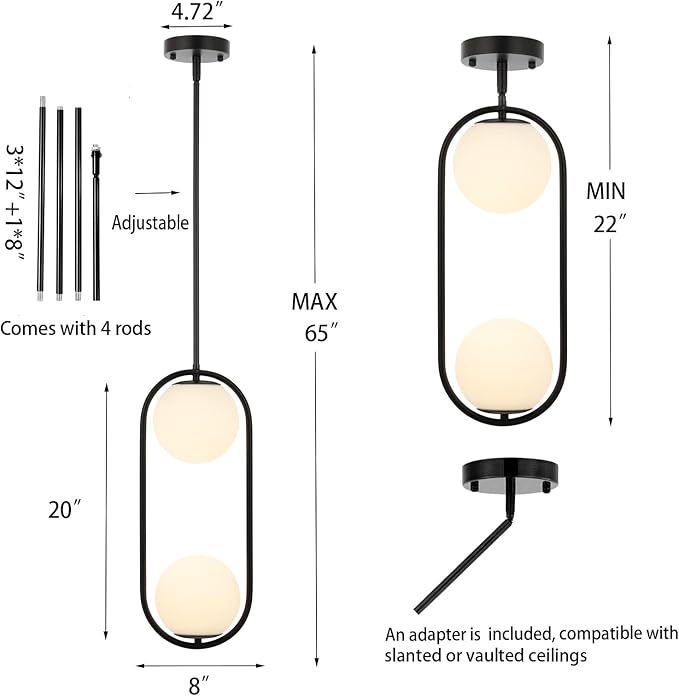 2-Lights Modern Globe Chandelier Mid Century Pendant Light Matte Black Ceiling Hanging Lighting Fixture with White Globe Glass Lampshade for Kitchen Island Dining Room Bedroom