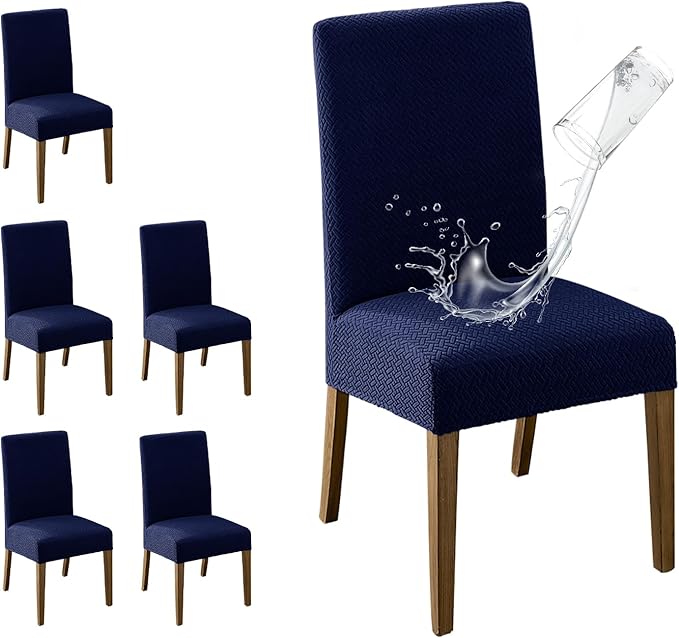 MOSAYT 100% Waterproof Dining Room Chair Covers Set of 6, Super Fit Stretch Jacquard Parson Chairs Slipcovers Removable Washable Chair Seat Protectors for Home, Kitchen, Banquet (Navy Blue - XL)