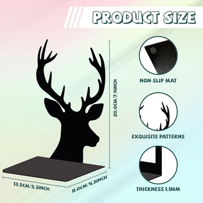 Peacoblue Metal Bookends for Shelves, Modern Decorative Heavy Duty Study Book Support Stoppers for Office, Desk, Shelf, Room 5.3"x4.3"x7.9" Cast Iron Simple Tall Bookends, 1 Pair (Deer Head)