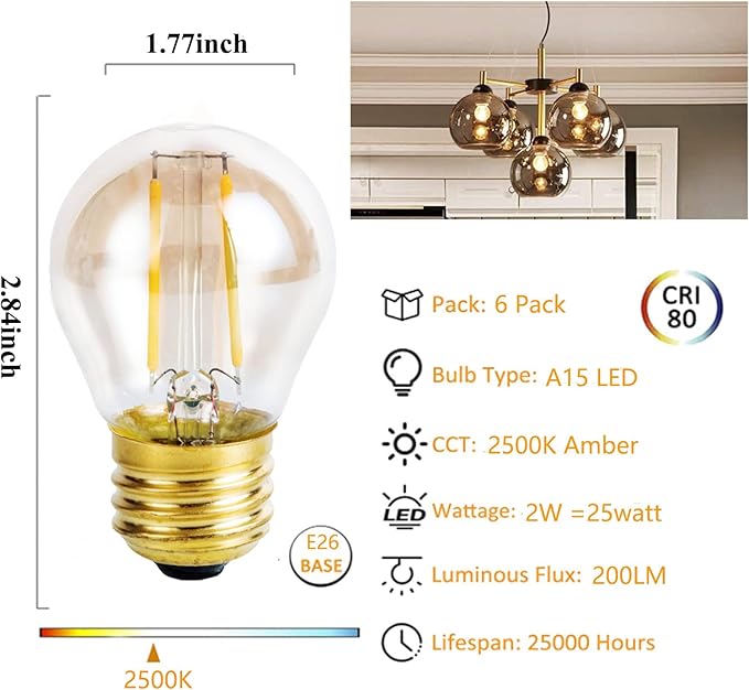 Vintage Amber Light Bulbs 25 watt Equivalent Dimmable E26 LED Bulb 2500K Warm Light, 2W LED Globe Edison Decorative Light Bulb, 6 Pack