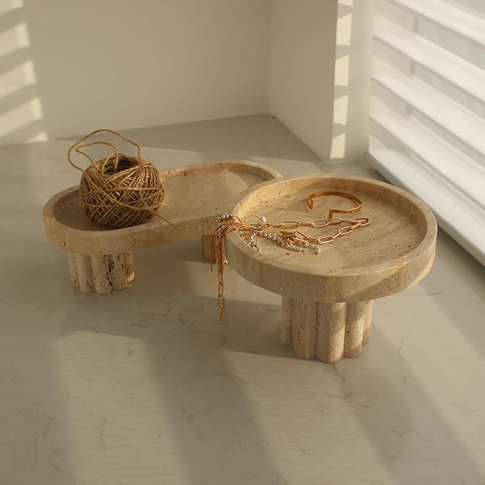 Natural Travertine Tray with Leg, Round 7.1" Vanity Decorative Tray for Countertop Organizer, Catchall Tray for Perfume, Candles, Jewelry Dish