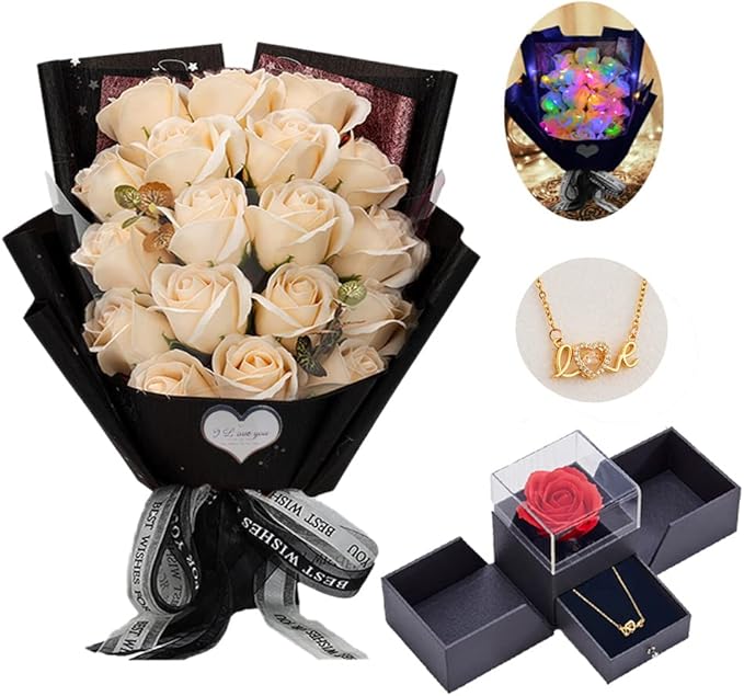 EIGHTOWN Roses Bouquet Artificial Flower - Preserved Red Rose Flowers with Love Necklace for Her - Unique Gifts Valentine's Day, Mother's Day, Thanksgiving, Birthday, Anniversary