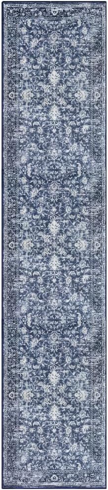 KILOCOCO Runner for Hallway 2.6x12 Runner Rug Printed Vintage Floral Washable Rug Kitchen Runners Soft Non-Slip Low Pile Hallway Runners Laundry Room Distressed Boho Rugs, Blue