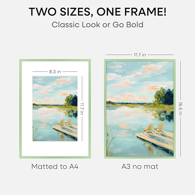 Homeforia A3 Picture Frame Sage Green, High End Metal 11.7 x 16.5 inch Poster Frames with Mat 8.3 by 11.7 for Photo, A3 Size Frame Matted to A4 Print, 11.7x16.5 Hanging Frame, Tempered Glass, Set of 1