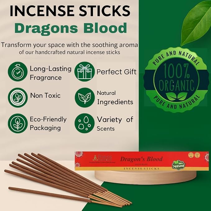 Bless-Dragons-Blood 100%-Natural-Handmade-Hand-Dipped Organic-Chemicals-Charcoal-Free Purification-Relaxation-Positivity-Yoga-Meditation Best-Woods-Scent (500 Sticks (26 OZ))