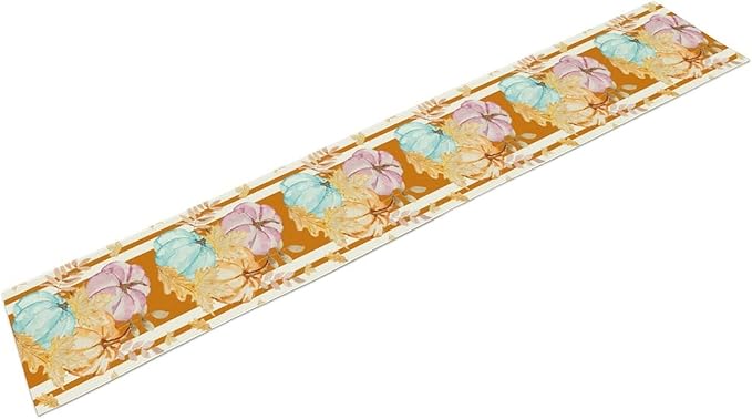 Watercolor Pumpkin Table Runner Rustic Farmhouse Autumn Plants Colorful Leaves Pastoral Harvest Theme Home Decor for Farmhouse Indoor Outdoor Party Holiday Dining Kitchen Restaurant Cafe W13xL108in