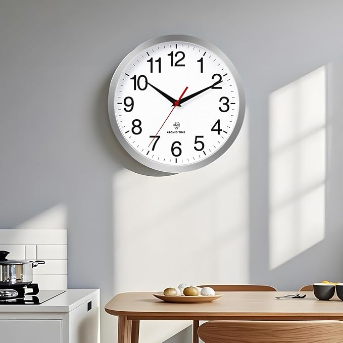 Atomic Wall Clock Modern 10 Inch Battery Operated Analog Clock Decorative for Bedroom Kitchen Bathroom Office Home Living Room (Silver)