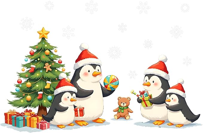 Penguin Christmas Wall Decals | Peel and Stick Holiday Decorations with Santa Hats, Gifts & Tree – Removable Snowflake Vinyl Stickers for Winter Wall, Window, Living Room, Office & Seasonal Displays
